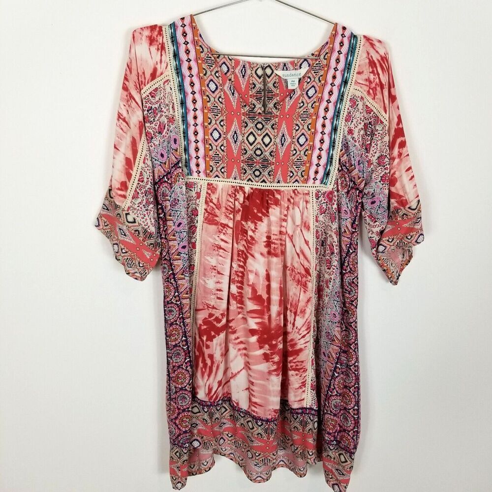 Sundance Wild Provence Boho Festival Mini Dress Sz M Petite Mixed Print Tie‎ Dye